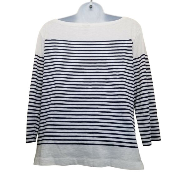 J Crew S Shirt Knit Top Blue White Engineer Stripe Nautical Boat Neck Popover - Picture 2 of 3